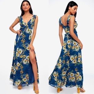 Lulus Navy Blue Floral Print Ruffled Maxi Slit Dress NWOT